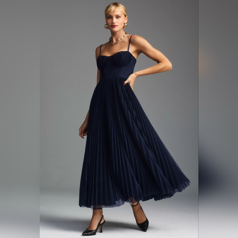 Anthropologie Hutch Amara Bustier Pleated Tulle Fit & Flare Midi Dress Navy 10